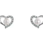 Sterling Silver Cubic Zirconia And Pearl Open Heart Stud Earrings